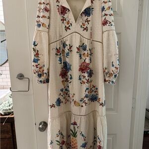 Cream and Blue Tiered Ruffled Sundress with Bishop Sleeves